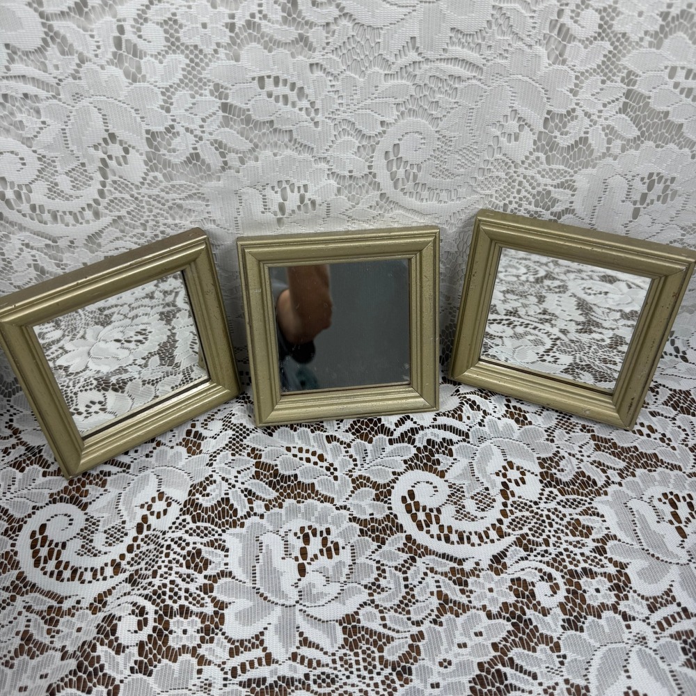 Vintage Gold Square Wall Mirrors Set of 3 Small Wood Frame Gallery Wall Accent